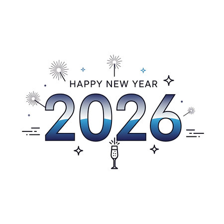 A festive graphic for the year 2026 featuring the number in a glossy blue font, surrounded by fireworks and celebratory symbols.の素材