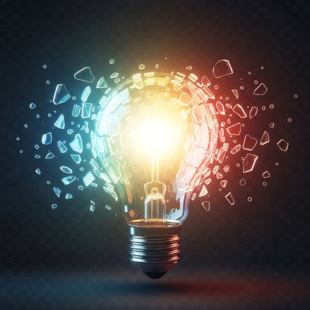 A glowing light bulb emits colorful particles and abstract shapes, symbolizing innovation and inspiration.の素材