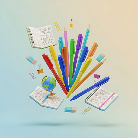 A lively assortment of writing instruments and educational tools floats against a soft, gradient background, evoking creativity and learning.の素材