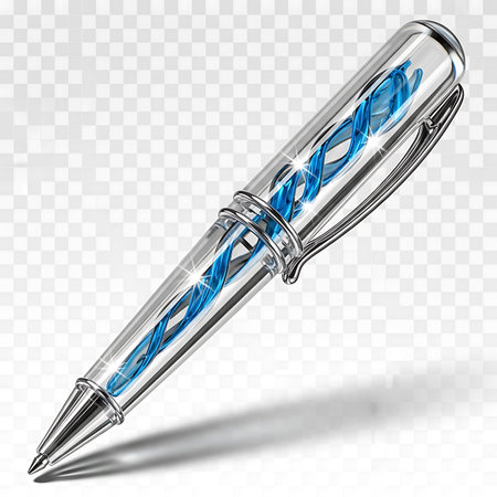 A clear, modern ballpoint pen with a silver clip and a captivating blue spiral design visible within its transparent barrel.の素材
