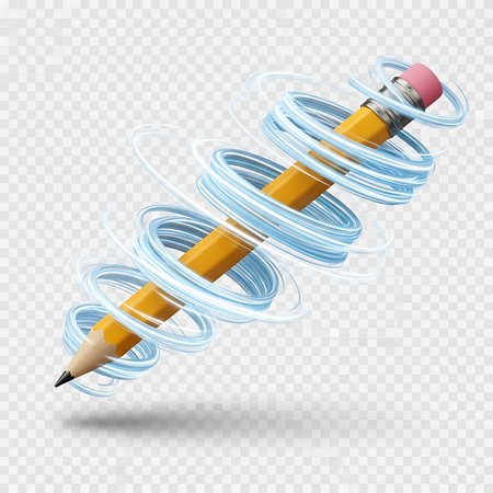 A dynamic illustration of a yellow pencil with a pink eraser, depicted in motion with swirling blue rings around it.の素材
