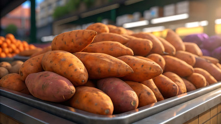 A vibrant pile of fresh sweet potatoes at a local farmers market. The orange hues contrast beautifully, showcasing nature's bounty and healthy eating choices.の素材