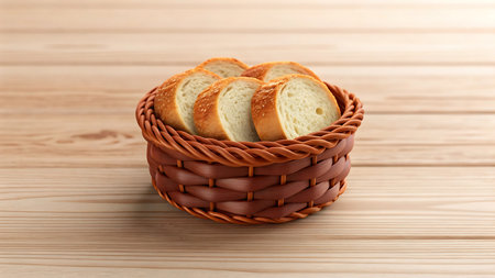 Slices of fresh baguette in a basket on a wooden table. The simple food concept is captured in a still life studio shot, highlighting the rustic charm and texture.の素材