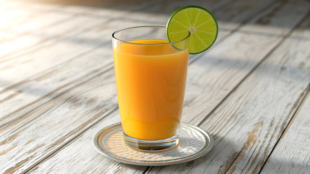 A glass of fresh orange juice with a lime slice on a white wooden table top. The vibrant colors and refreshing drink evoke a sense of summer and healthy living.の素材