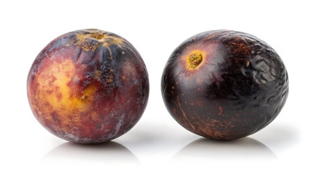 Two fresh plums are isolated on a white background, highlighting their vibrant colors and textures. The plums' natural beauty is captured in this studio shot.の素材