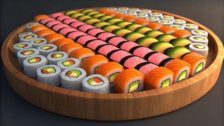 A delicious sushi platter featuring an assortment of colorful sushi rolls with various toppings, beautifully arranged on a round wooden tray. Perfect for a gourmet meal.の素材