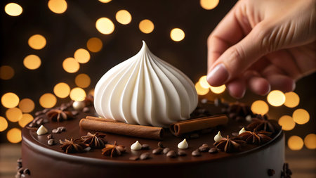 A hand delicately places a meringue on a chocolate cake adorned with cinnamon sticks and star anise, creating a festive and delicious dessert for any celebration.の素材