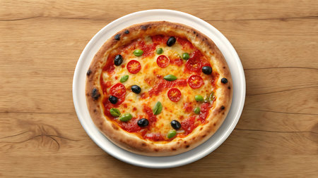 A delectable pizza margherita, adorned with fresh basil and olives, rests on a rustic wooden table. The vibrant colors and enticing aroma create a culinary delight.の素材