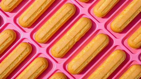 A vibrant pink tray holds rows of golden eclairs, creating a visually appealing pattern. The sweet pastries are arranged in a flat lay, perfect for a colorful background or design element.の素材