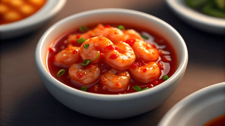 A close-up studio shot of a bowl of sweet and sour shrimp with scallions. This delicious Asian appetizer is perfect for a meal, lunch, or dinner in a restaurant setting.の素材