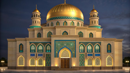 A stunning view of a grand mosque with a golden dome illuminated at night. This architectural marvel represents Islamic culture, religion, and travel destination.の素材