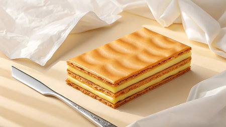 A tompouce pastry is presented on a bright table with a white napkin. This dessert is a culinary delight, perfect for those with a sweet tooth and love for baking.の素材