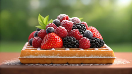 A delicious waffle topped with fresh strawberries, raspberries, blackberries, and blueberries, dusted with powdered sugar. A sweet treat for breakfast or dessert.の素材
