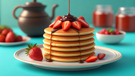 A delectable stack of pancakes is adorned with ripe strawberries and drizzled with rich chocolate syrup, creating a visually appealing and mouthwatering dessert.の素材