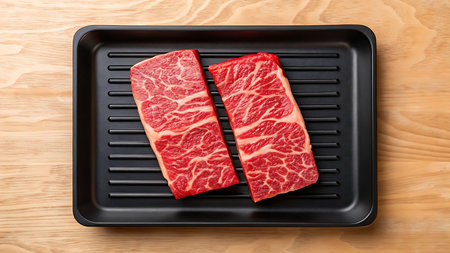 Two raw wagyu beef steaks are displayed on a black tray, ready for cooking. The steaks exhibit rich marbling, indicating tenderness and flavor, placed on a wooden table.の素材