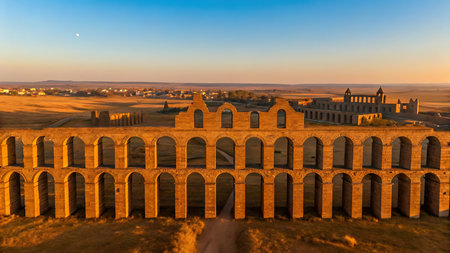 An aerial view captures the Aqueduct of Padre Tembleque in Mexico during sunset. The historic stone structure stands as a testament to ancient engineering and cultural heritage.の素材