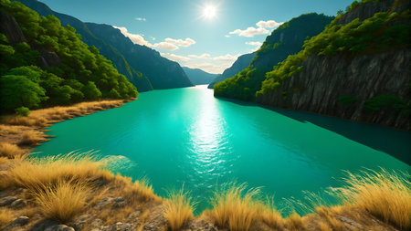 A turquoise river flows through a canyon, surrounded by mountains and lush green forests. This landscape offers a scenic view of nature, perfect for travel.の素材