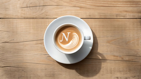 Top view of latte art with the letter N in a white cup on a wooden table. Perfect for a morning pick-me-up, this drink is sure to start your day off right.の素材