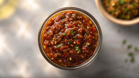 An overhead shot showcases a bowl of chili sauce on a gray surface in the kitchen. The scene highlights the textures and colors of the sauce, creating a visual appeal.の素材