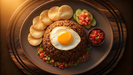An overhead shot of Nasi Goreng, an Indonesian fried rice dish, complete with an egg and crackers. This culinary delight is a testament to Indonesian cuisine.の素材