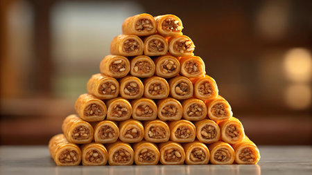 A pyramid of baklava rolls sits on a marble surface, showcasing the golden layers and nut filling. This sweet pastry is a delicious treat, perfect for dessert.の素材