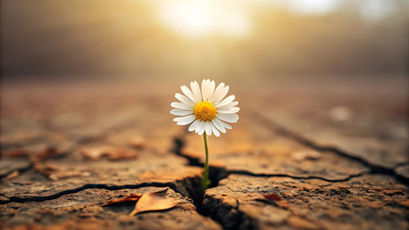 A single daisy grows through cracked earth, symbolizing resilience and hope. The warm sunlight enhances the image, emphasizing nature's strength and beauty.の素材
