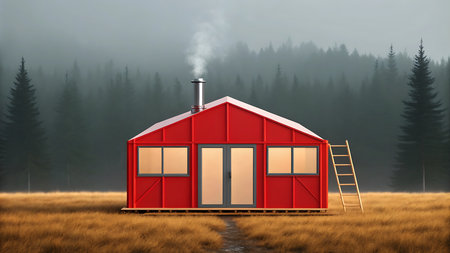 A charming red cabin emits smoke from its chimney, nestled in a serene field with a backdrop of lush forest. A tranquil scene blending rustic charm and nature.の素材