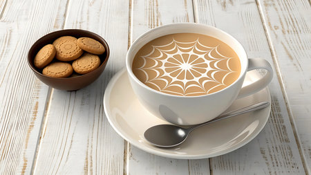 A cup of coffee with milk and a bowl of cookies on a white wooden table. The coffee has a beautiful design on top. Perfect for a cozy morning or afternoon break.の素材
