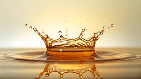 A golden liquid splash forms a crown shape, capturing the fleeting moment of impact and reflection. The image showcases the beauty and dynamics of fluid motion in detail.の素材