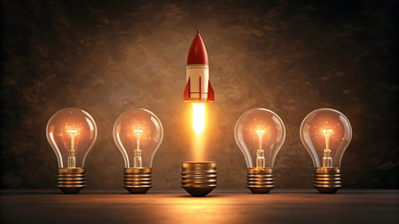 A striking image showcasing a rocket launching from a light bulb, symbolizing innovation and success. The composition is visually appealing and thought-provoking.の素材