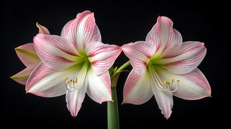 Amaryllis flower with pink and white petals, set against a black background in a studio. The flower's intricate details are highlighted, showcasing its natural beauty.の素材