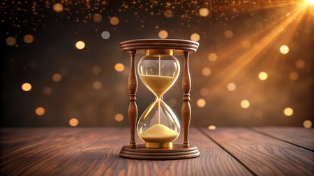 A classic hourglass sits on a wooden table, with a blurred bokeh background and light rays adding a touch of magic. A timeless symbol of time passing by.の素材