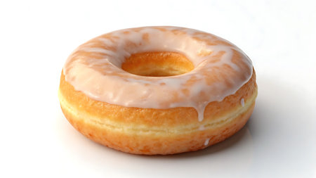 A classic glazed donut isolated on a white background, perfect for a sweet treat. Its simple yet delicious flavor makes it an irresistible indulgence for any time.の素材