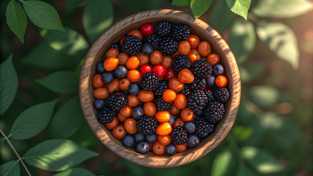 A vibrant wooden bowl filled with mixed berries, including blackberries, blueberries, and cherries. A healthy and delicious snack or ingredient for various recipes.の素材