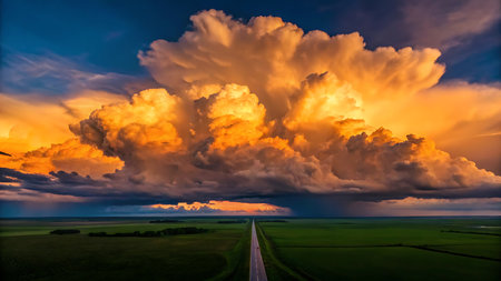 A dramatic storm cloud looms over the prairie landscape at sunset in Saskatchewan, Canada. The sky is filled with dark clouds, creating a sense of foreboding and awe.の素材