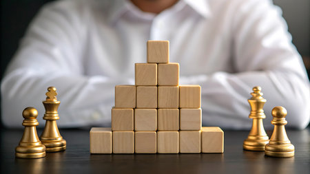 A pyramid of wooden blocks and chess pieces symbolize business strategy, leadership, and success. The image represents planning, teamwork, and achieving goals.の素材
