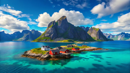 The Reine fishing village in Lofoten Islands, Norway, is a picturesque scene with red cabins on a small island surrounded by turquoise water and mountains.の素材
