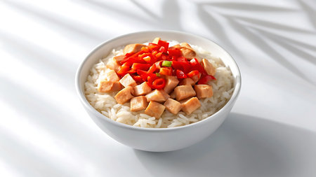 A simple and healthy bowl of rice topped with diced chicken and red bell peppers. A balanced meal option, perfect for lunch or dinner. Isolated on white background.の素材
