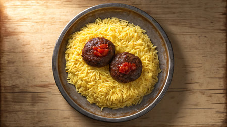 An overhead shot showcases rice and meatballs served on a plate, set against a wooden surface. The scene highlights the textures and colors of the meal.の素材