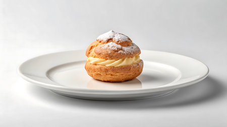 A delectable cream puff filled with rich custard, isolated on a white background. This sweet treat is a perfect indulgence, showcasing culinary artistry and flavor.の素材