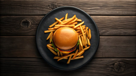 An overhead shot showcases a burger and fries served on a black plate, set against a wooden backdrop. The scene highlights the textures and colors of the meal.の素材