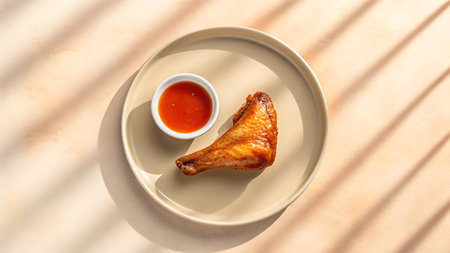 Overhead shot of a delicious chicken drumstick with sweet chili sauce on a plate with sunlight. Perfect for lunch or dinner, this dish is sure to satisfy any craving.の素材