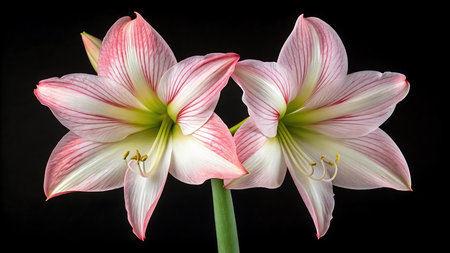 A close-up studio shot showcases two amaryllis flowers with delicate pink and white striped petals. The vibrant blooms stand out against a stark black background, creating a striking contrast.の素材