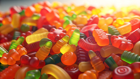 A colorful assortment of gummy candies in various shapes and flavors creates a visually appealing treat. This sugary snack is perfect for children and celebrations.の素材