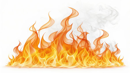 Burning fire flames isolated on white background with smoke and heat effectの素材