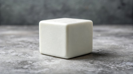 White cube on a gray background, simple geometric shape in studio shotの素材