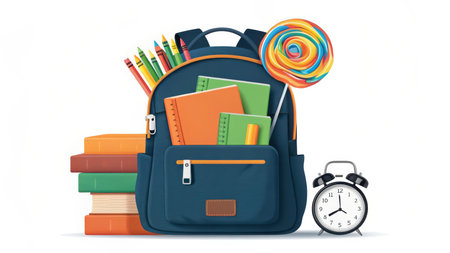 Back to school concept with backpack and school supplies on white backgroundの素材