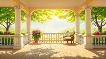 Cozy veranda with a chair and flowers overlooking a beautiful gardenの素材