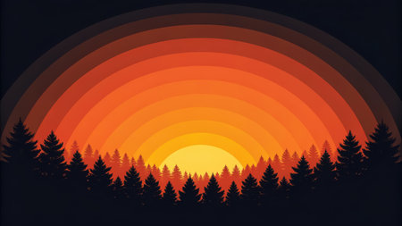 Silhouette of forest with sunset background in orange and yellow colorsの素材
