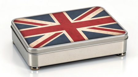Metal box with union jack flag isolated on white backgroundの素材